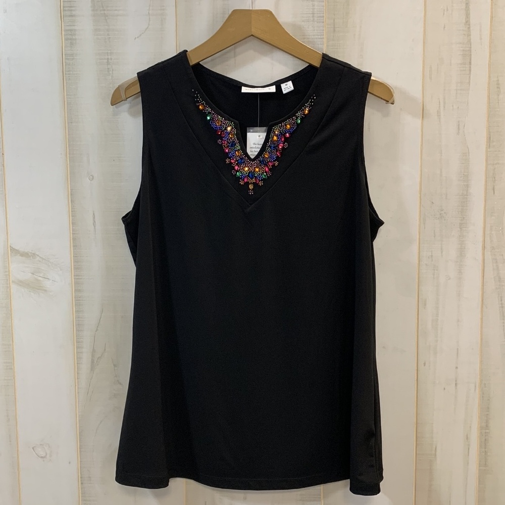 NWT Susan Graver Black V Neck Top Jeweled Trim M
